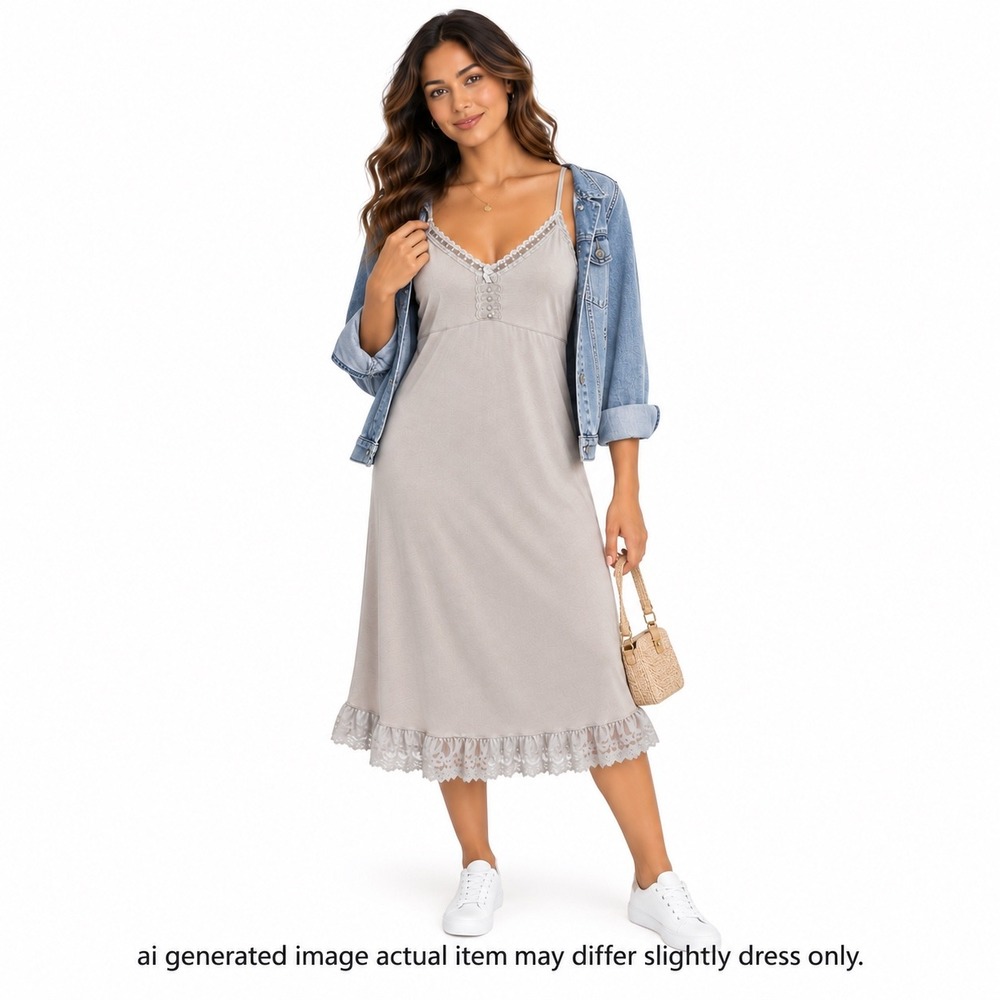 By Ti Mo Slip Dress Women XL Taupe Lace Trim Ruffle Hem Adjustable Straps Boho